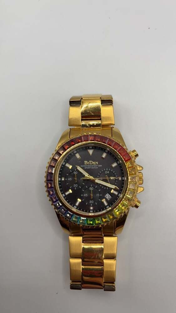 BIDEN Chronograph Gold Rainbow Diamonds Bezel Quartz Steel Watch